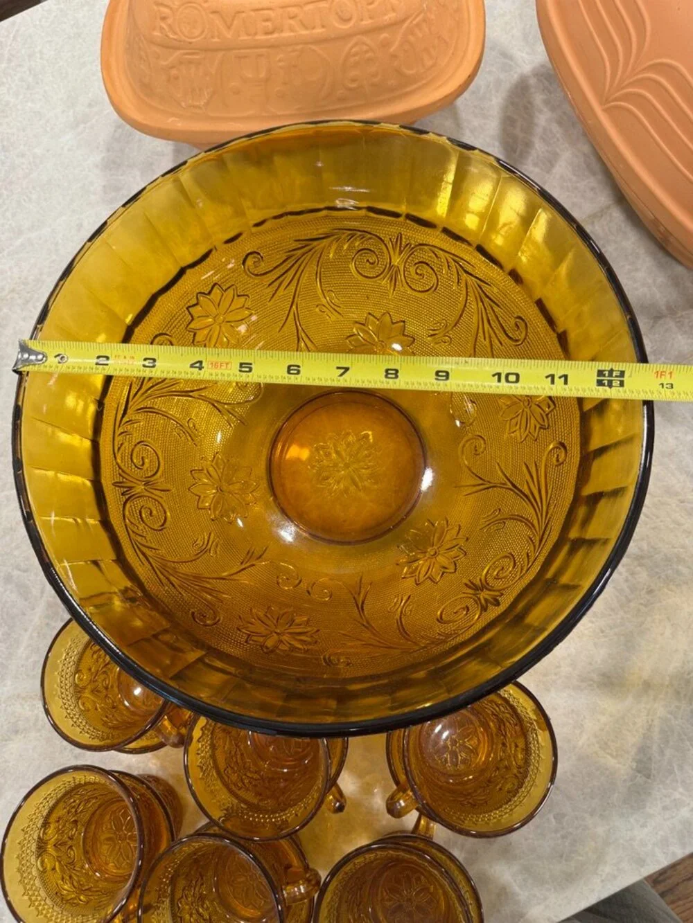Indiana Glass Company Amber Punch Bowl With Glasses Tiara Sandwich Pattern
